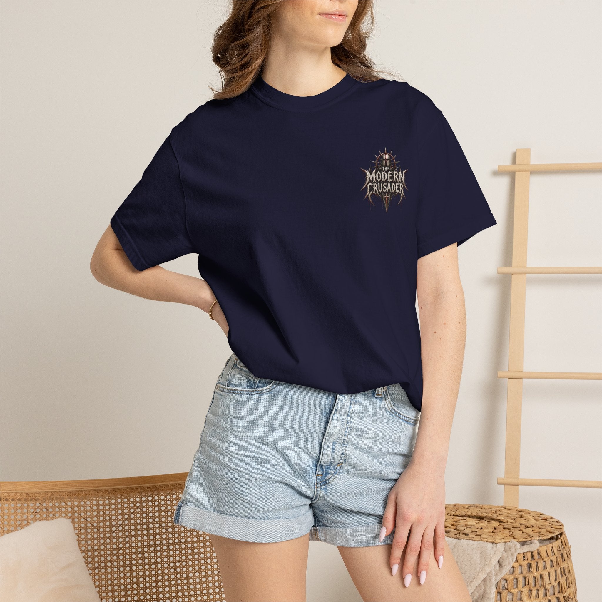 Crusader Arm Graphic T-shirt — 'Modern Crusader' Chest Logo