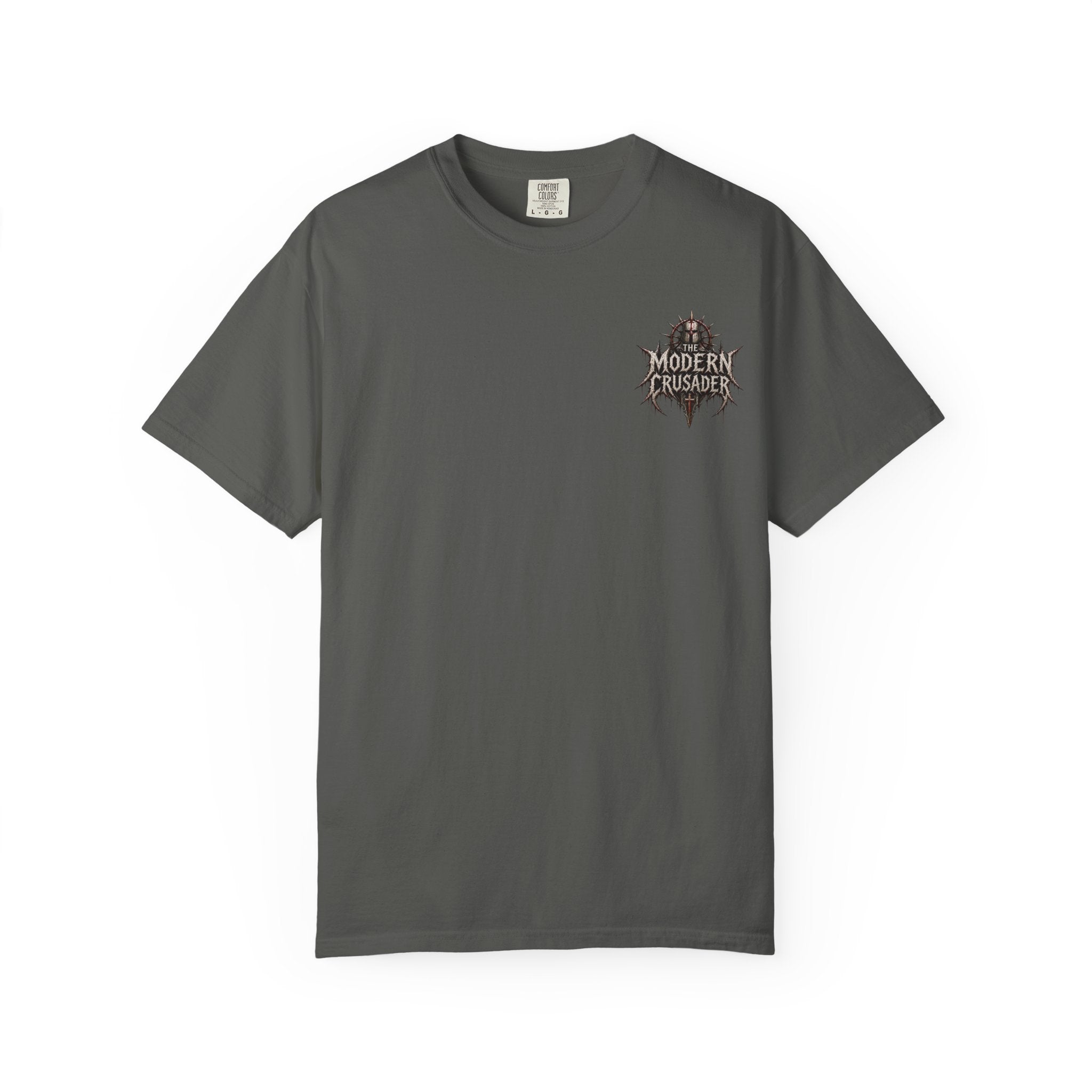 Crusader Arm Graphic T-shirt — 'Modern Crusader' Chest Logo