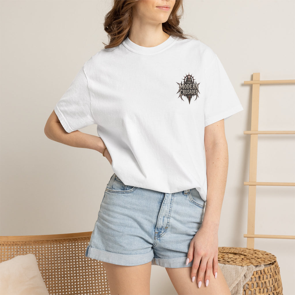 Crusader Arm Graphic T-shirt — 'Modern Crusader' Chest Logo