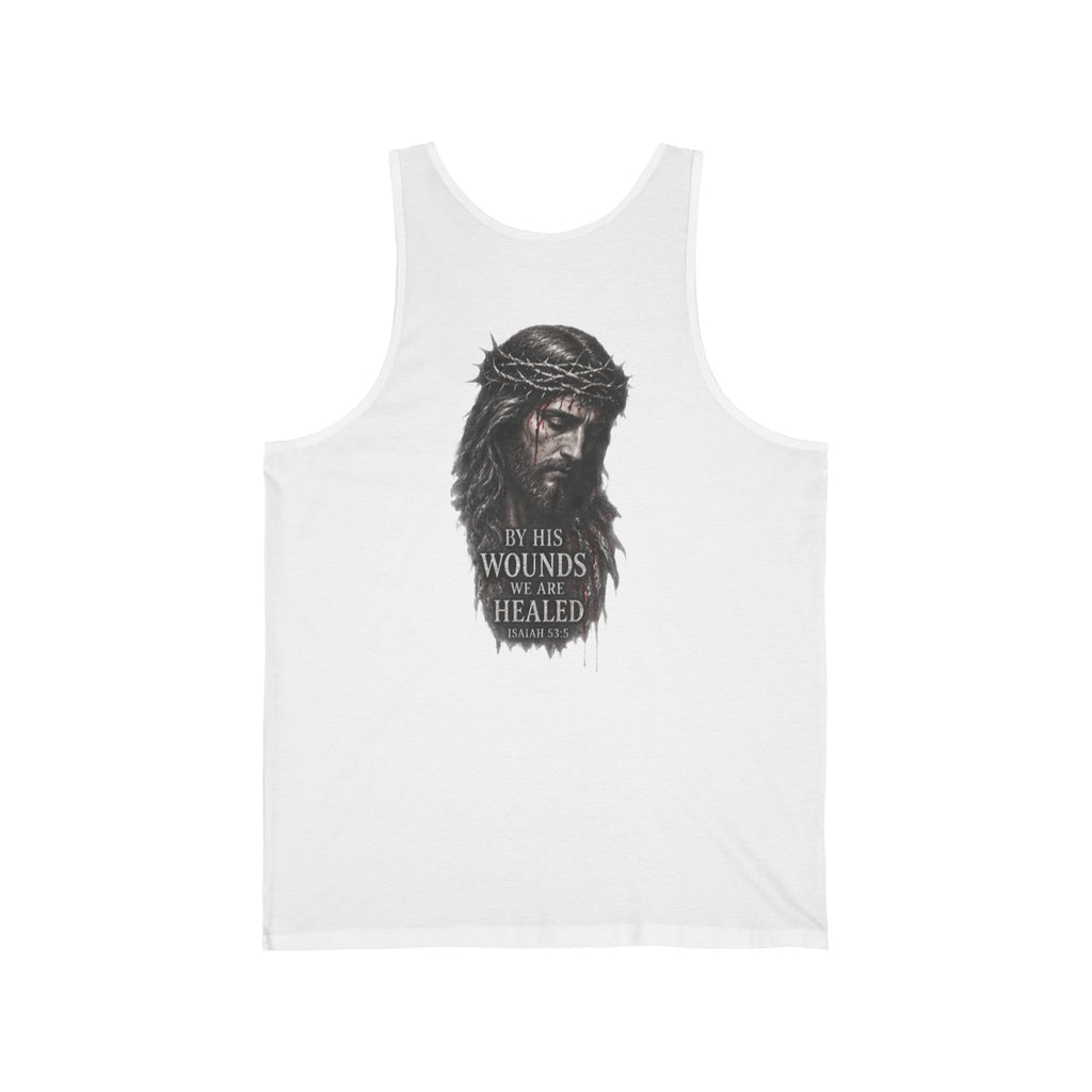 Christian Jesus Tank Top — "By His Wounds We Are Healed" Inspirational Graphic Tank