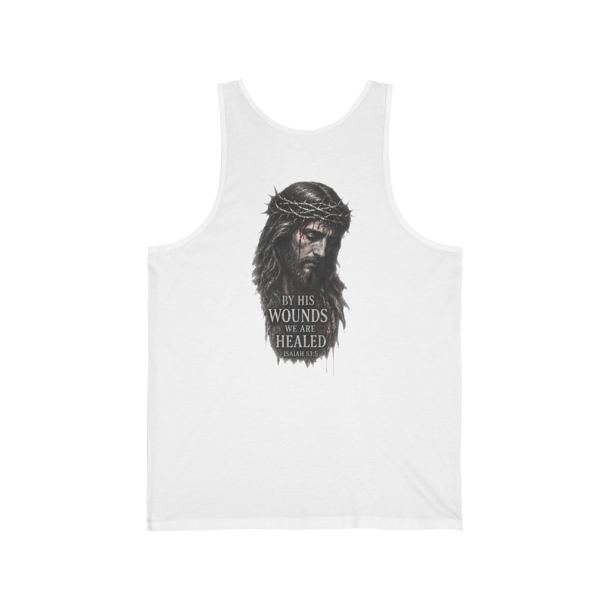 Christian Jesus Tank Top — "By His Wounds We Are Healed" Inspirational Graphic Tank