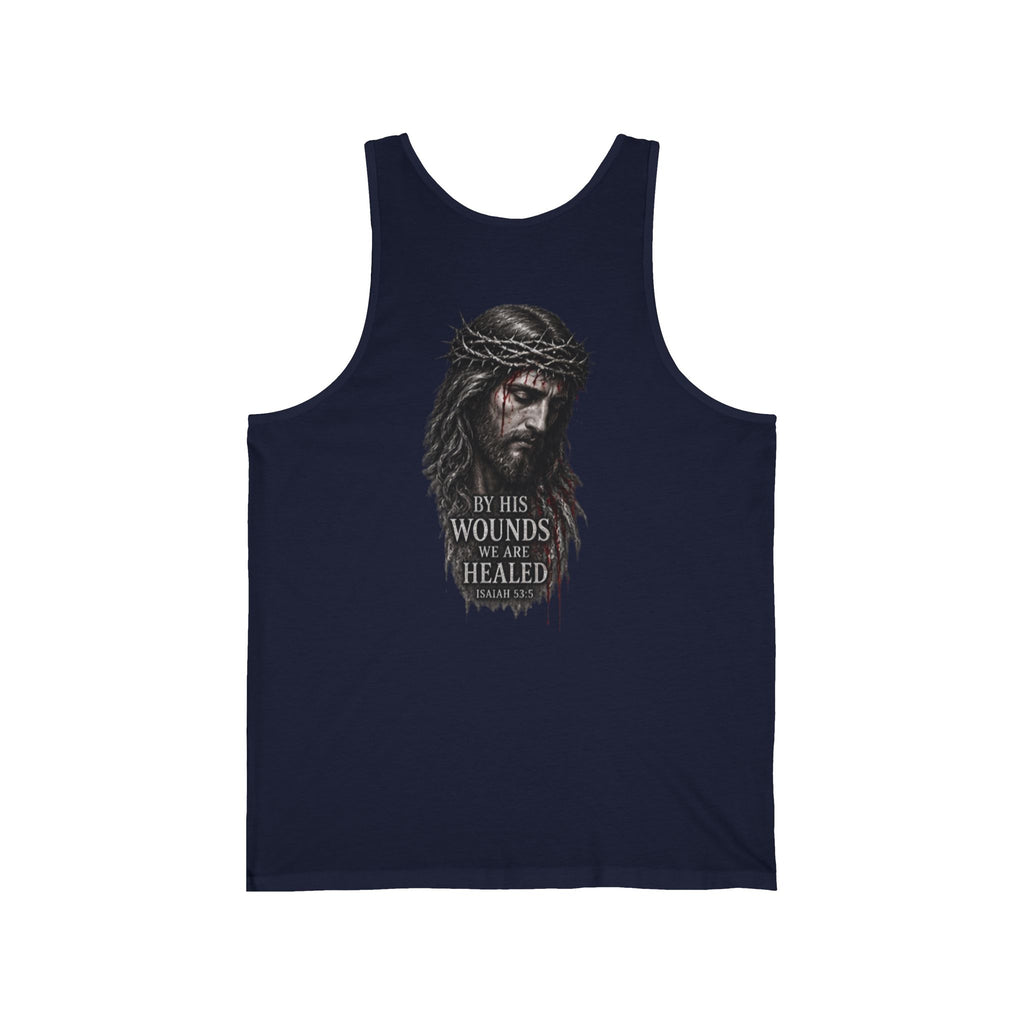 Christian Jesus Tank Top — "By His Wounds We Are Healed" Inspirational Graphic Tank
