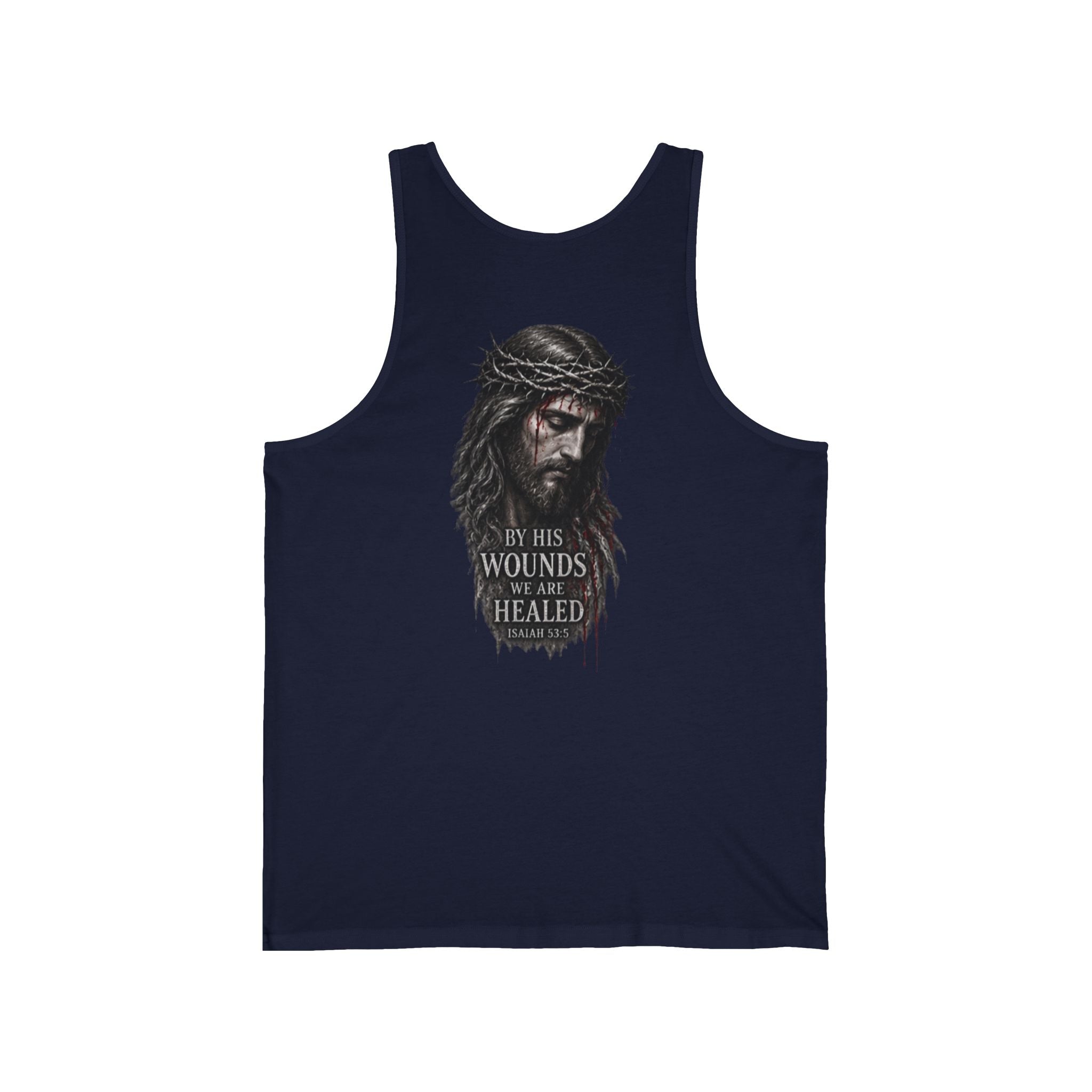 Christian Jesus Tank Top — "By His Wounds We Are Healed" Inspirational Graphic Tank