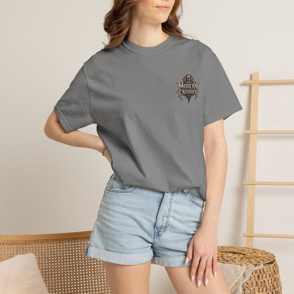 Crusader Arm Graphic T-shirt — 'Modern Crusader' Chest Logo