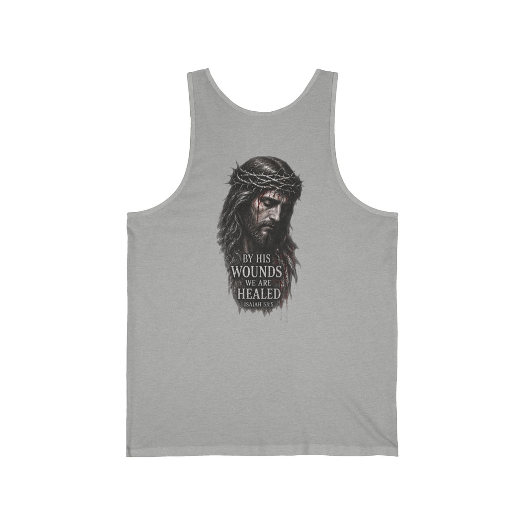 Christian Jesus Tank Top — "By His Wounds We Are Healed" Inspirational Graphic Tank