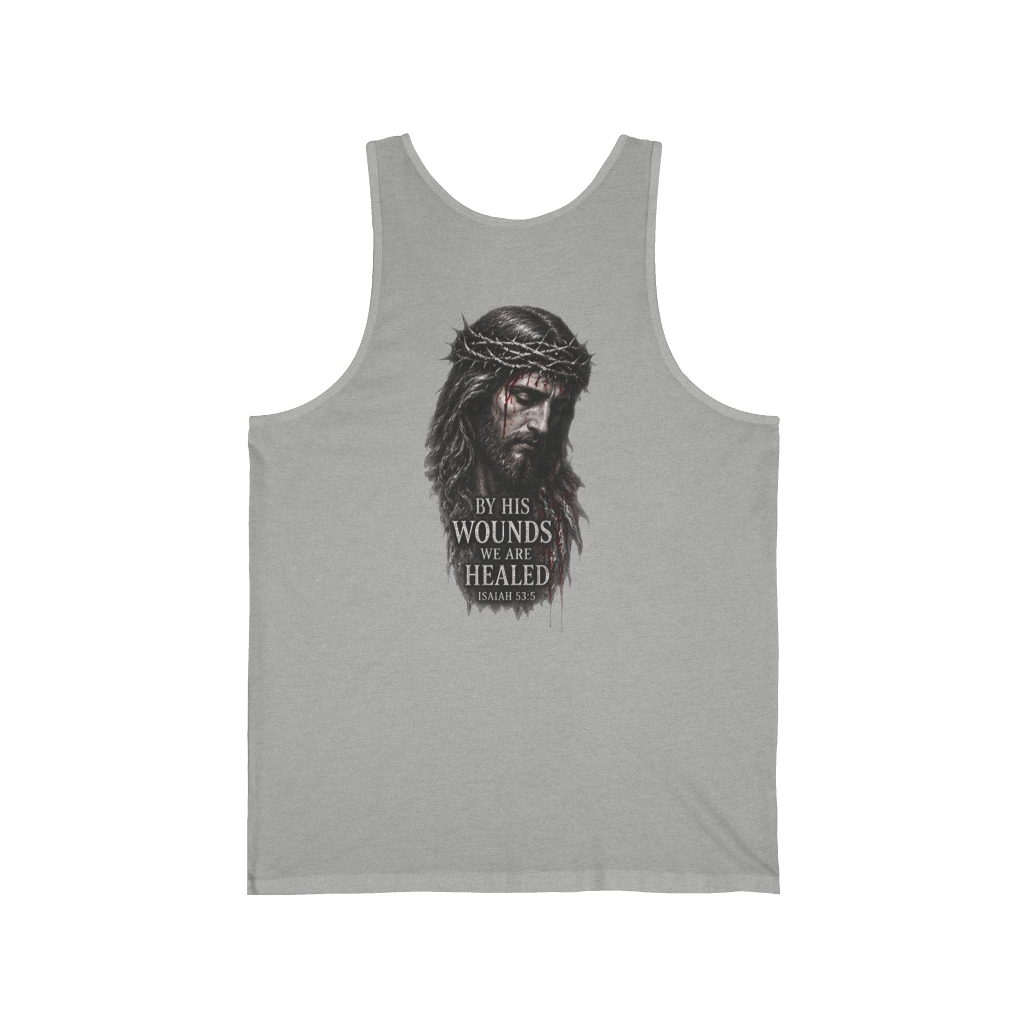 Christian Jesus Tank Top — "By His Wounds We Are Healed" Inspirational Graphic Tank
