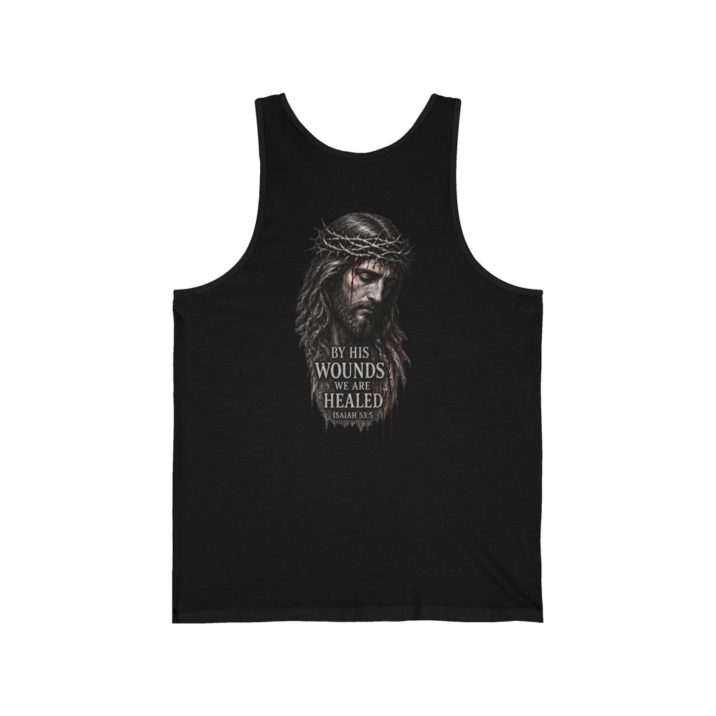 Christian Jesus Tank Top — "By His Wounds We Are Healed" Inspirational Graphic Tank