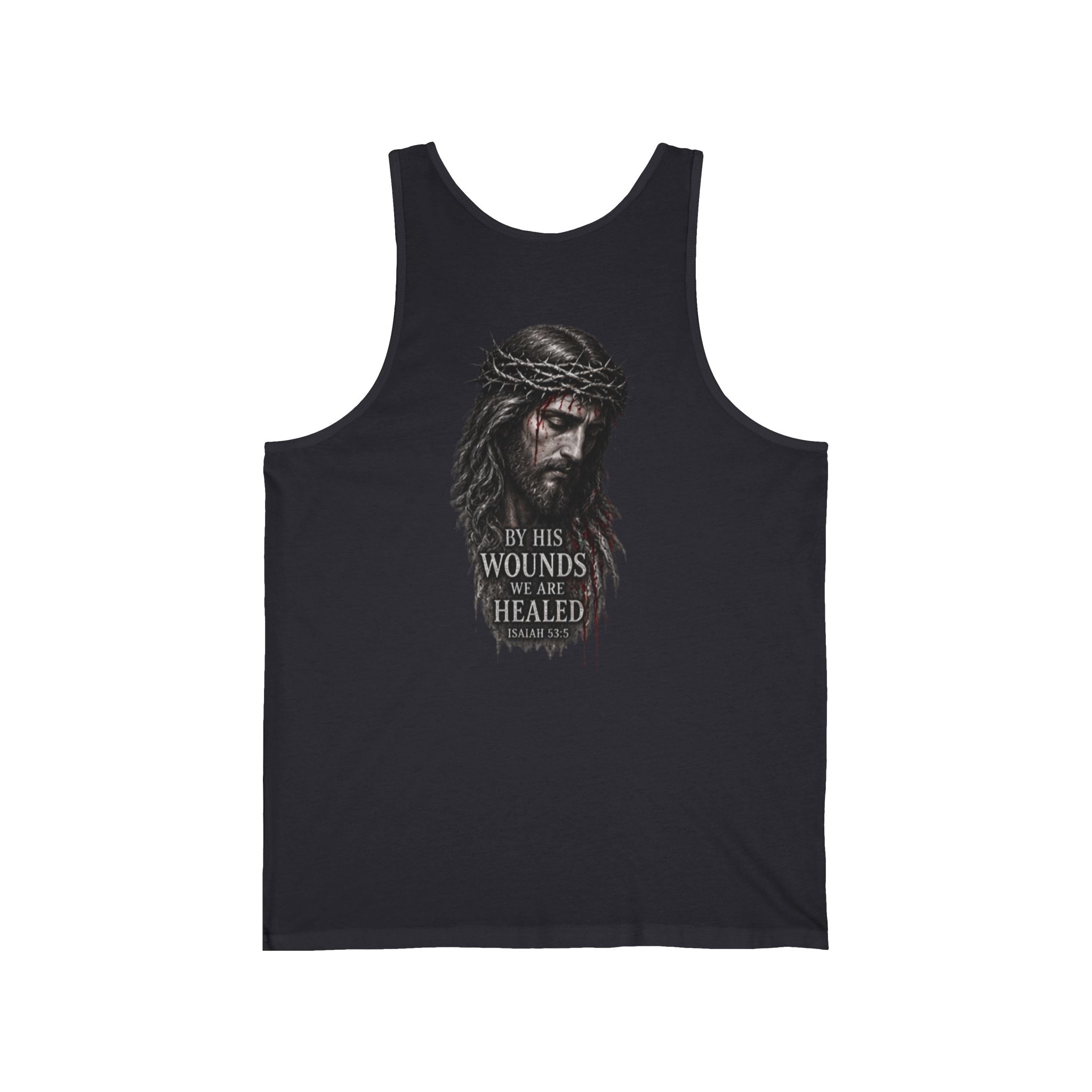 Christian Jesus Tank Top — "By His Wounds We Are Healed" Inspirational Graphic Tank