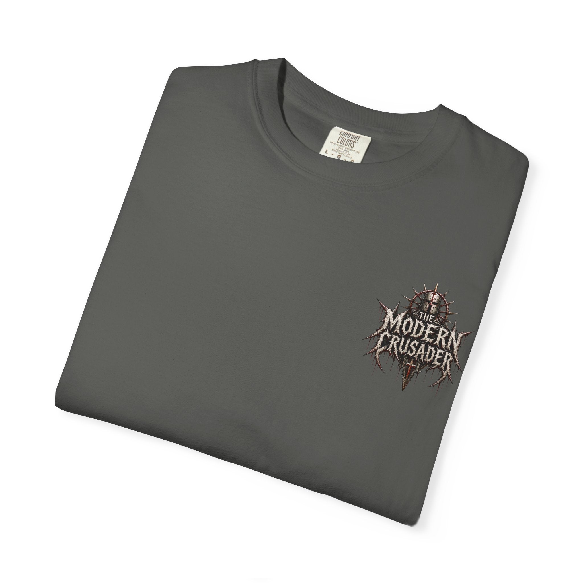 Crusader Arm Graphic T-shirt — 'Modern Crusader' Chest Logo