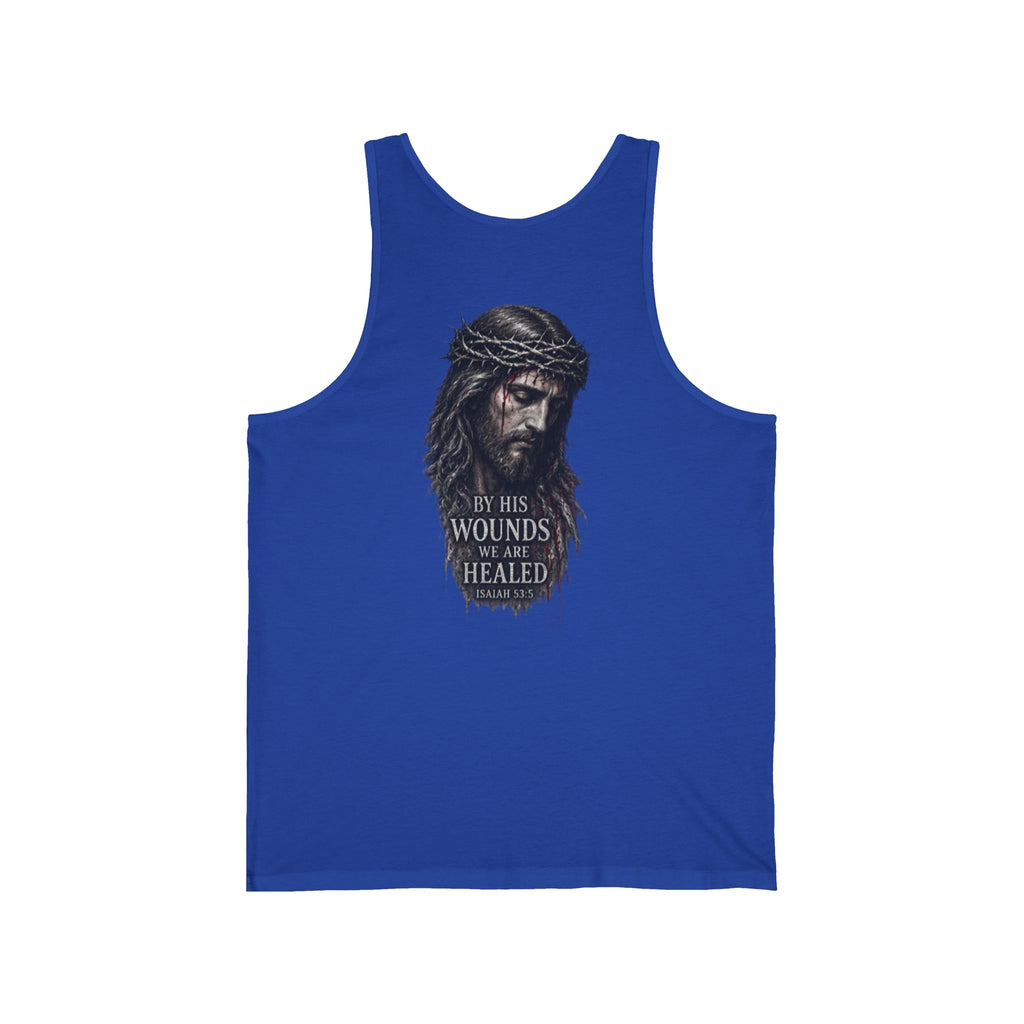 Christian Jesus Tank Top — "By His Wounds We Are Healed" Inspirational Graphic Tank