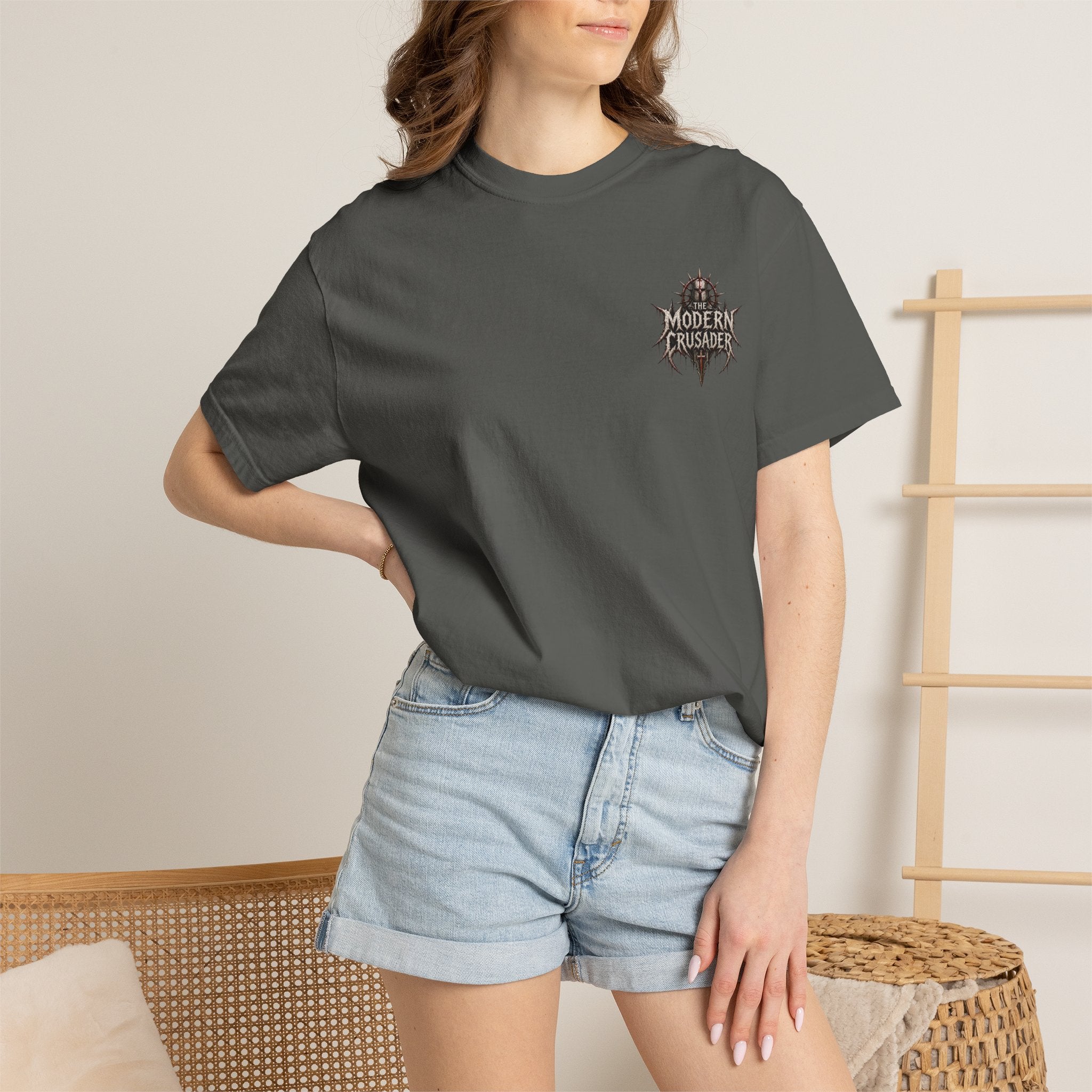 Crusader Arm Graphic T-shirt — 'Modern Crusader' Chest Logo